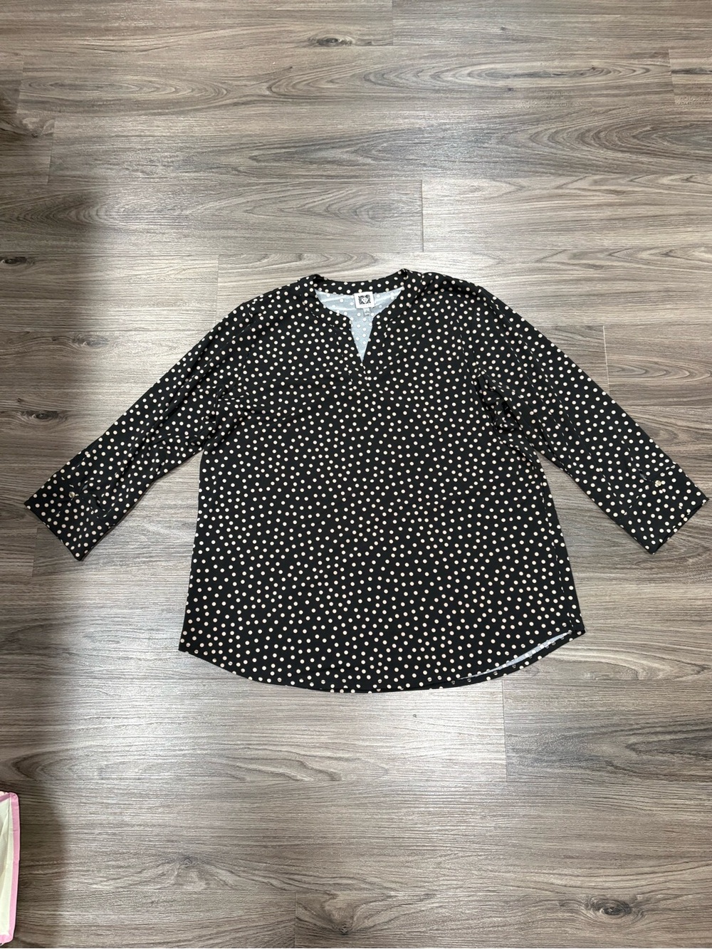 Polka Dot Notch-Neck Blouse - Black with Tan Dots